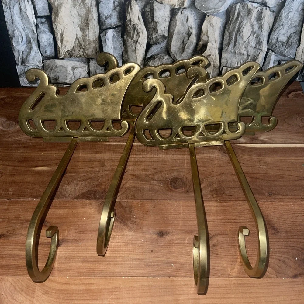 4 VTG Solid Brass Sleigh Stocking Holder Hanger Hook Long Arm Christmas Mantel